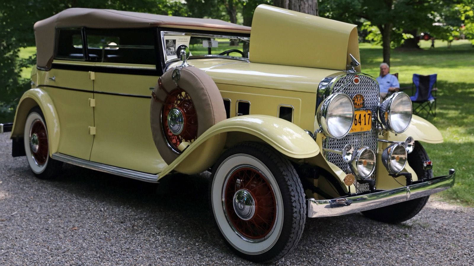 Pale yellow 1931 Franklin Model 153 Pirate touring, front three-quarter view