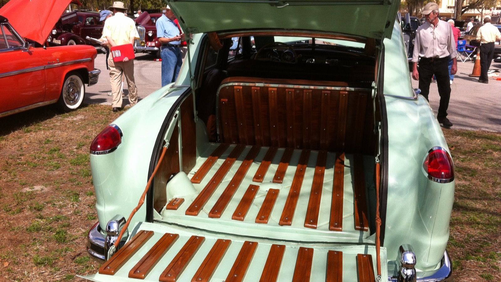 1951 Frazer Vagabond with its rear liftgate open, showing the wood-slatted cargo floor