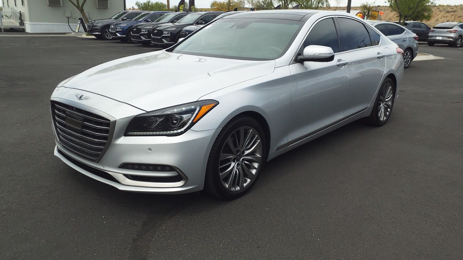 Silver first-generation Genesis G80 5.0 Ultimate, front three-quarter view