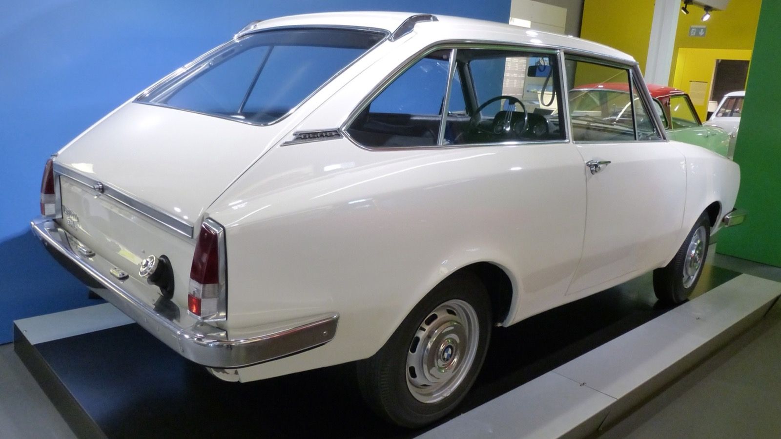 White 1967 Glas 1304 CL on display at the Dingolfing museum, rear three-quarter view