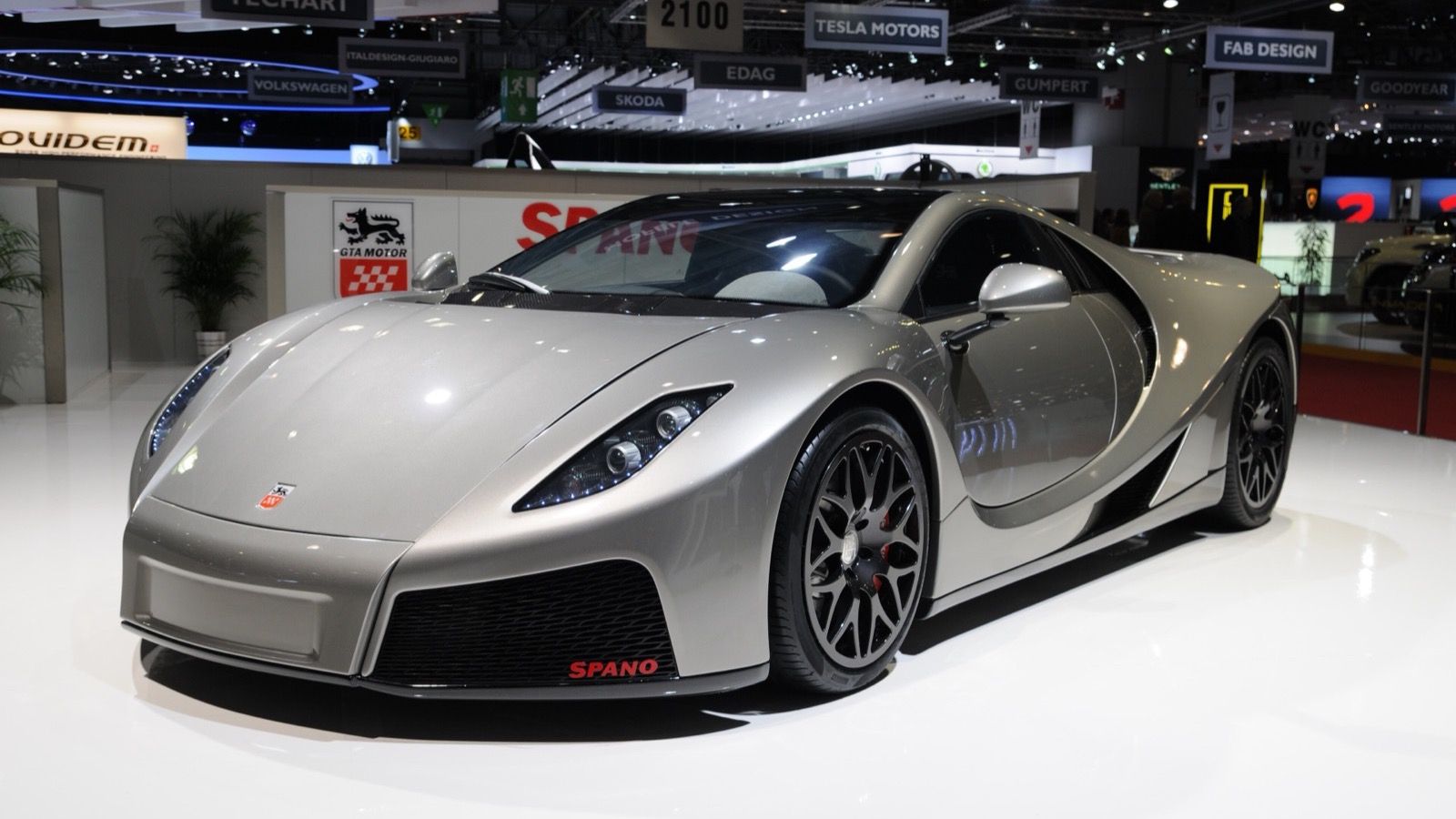 Silver GTA Spano on the GTA Motor stand at the 2012 Geneva Motor Show, front three-quarter view