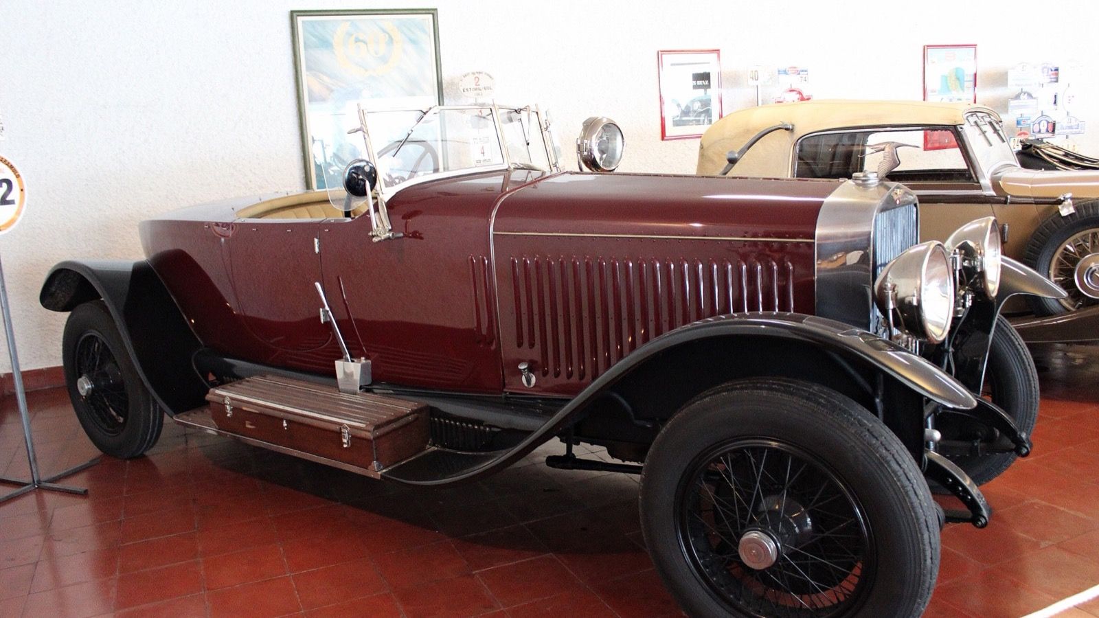 Maroon 1924 Hispano-Suiza H6B open tourer on museum display, front three-quarter view