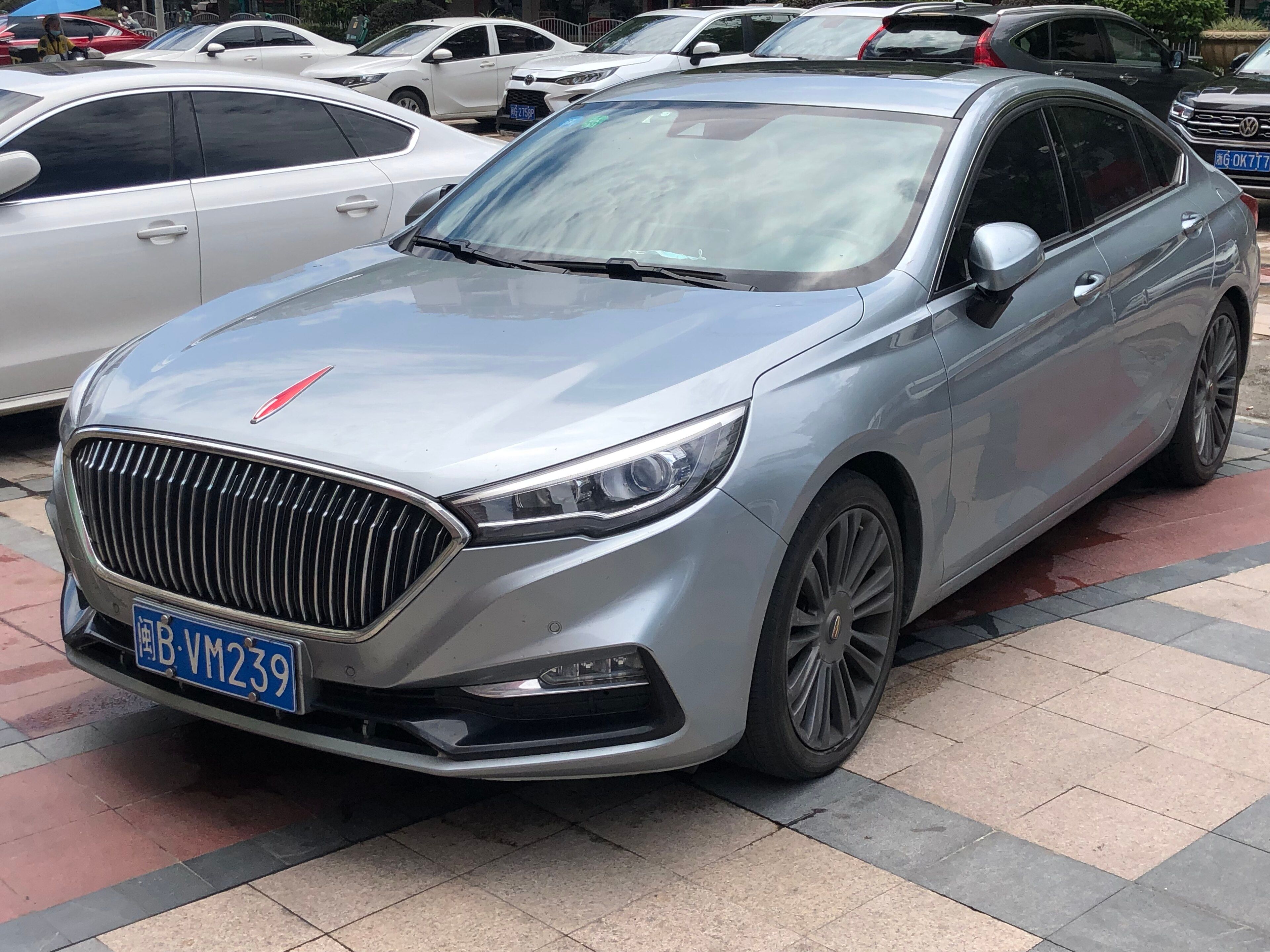 Silver 2022 Hongqi H5 sedan parked, front three-quarter view.