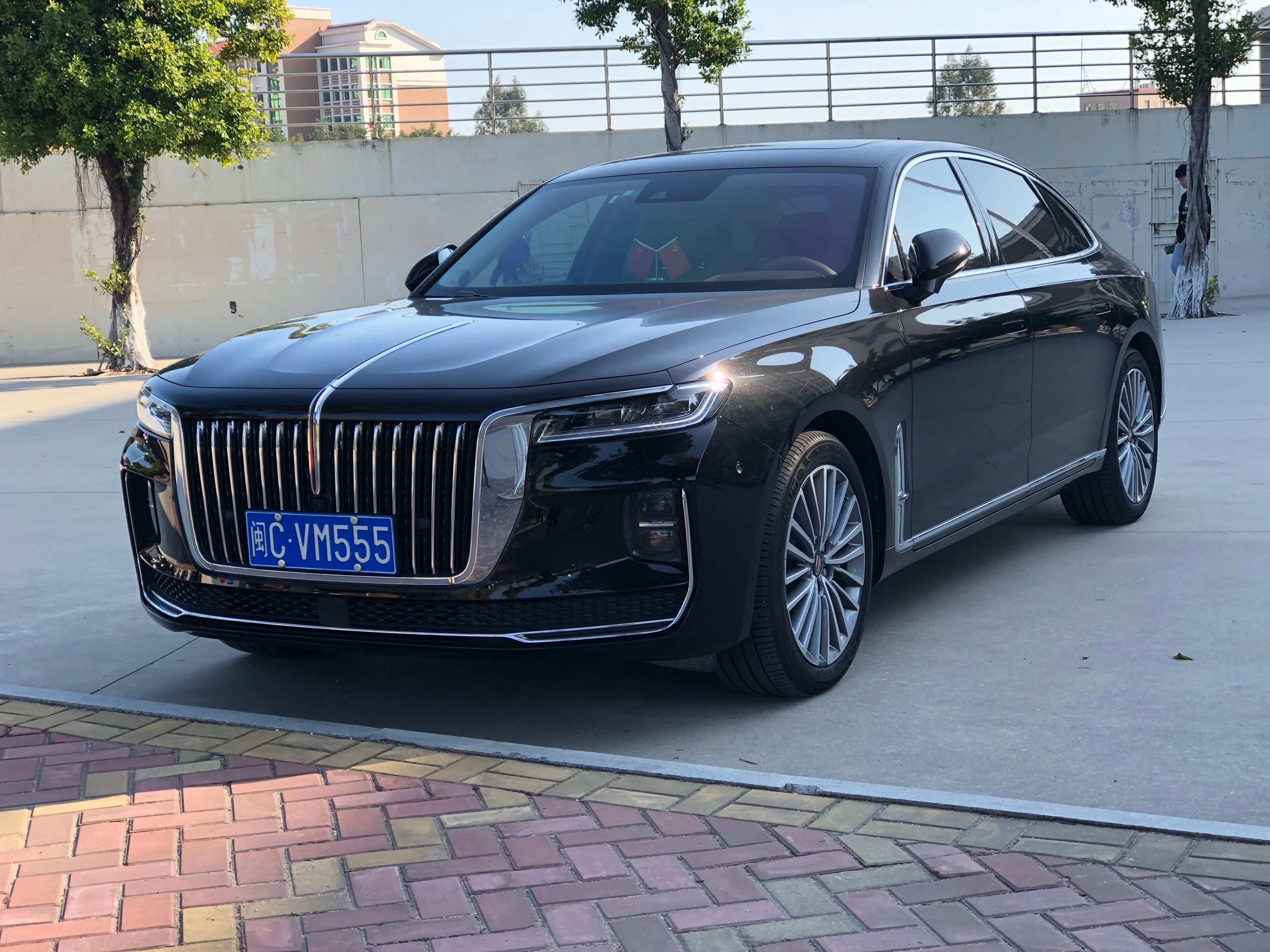 Dark brown 2022 Hongqi H9 sedan, front three-quarter view.