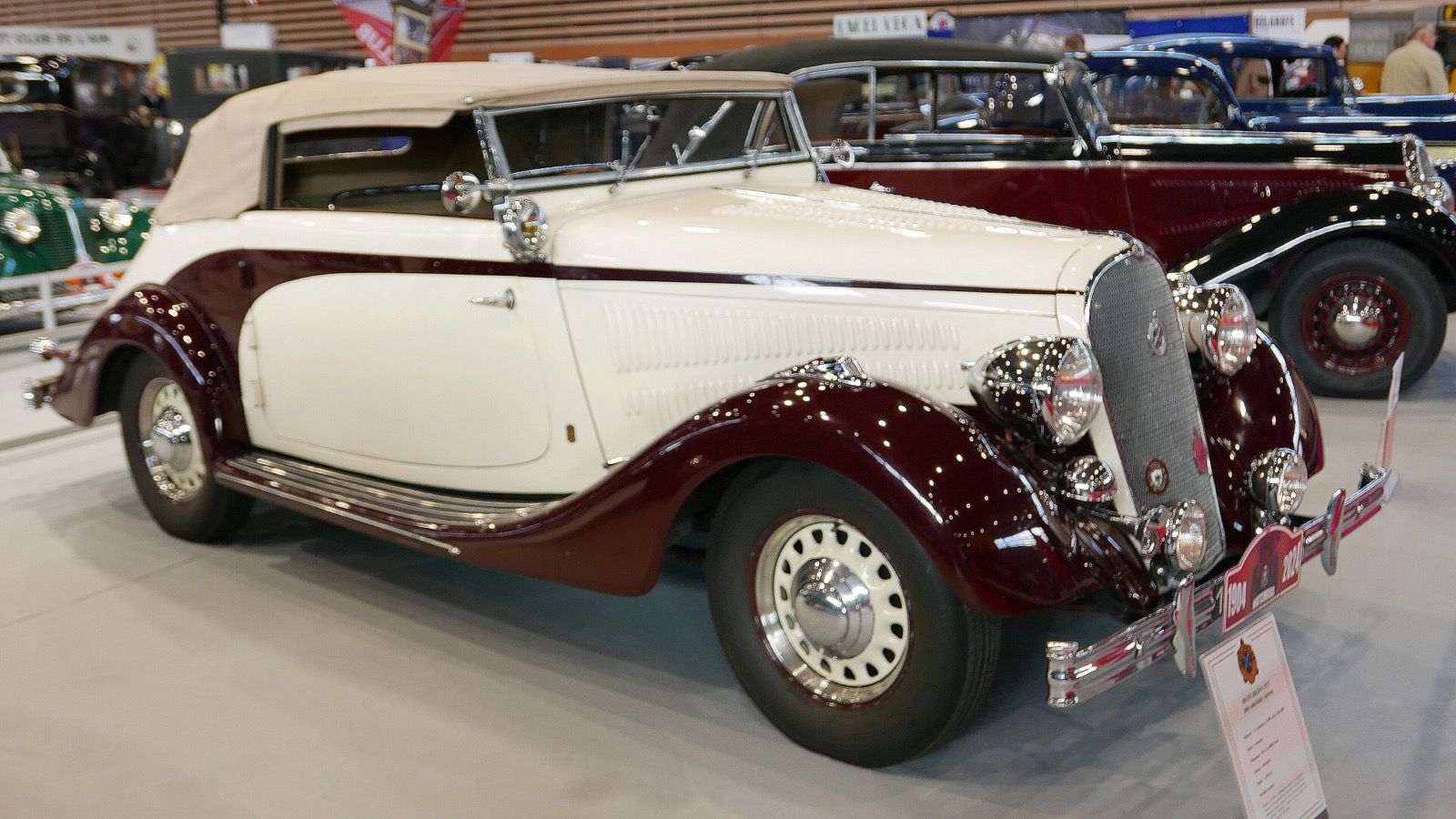 1937 Hotchkiss 686 cabriolet bodied by Antem in cream and maroon, front three-quarter view