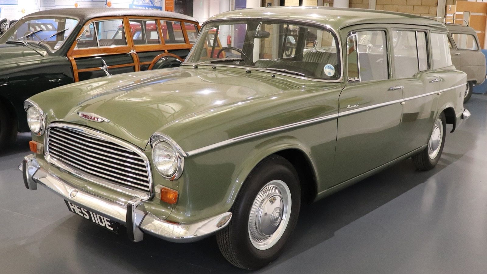 Green 1967 Humber Hawk Series IVA estate on museum display, front three-quarter view