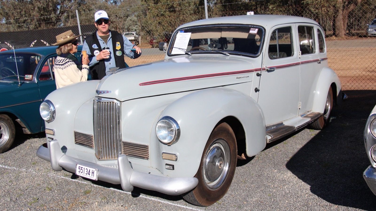 Pale grey 1949 Humber Super Snipe Mk II saloon at a historic vehicle meet, front three-quarter view