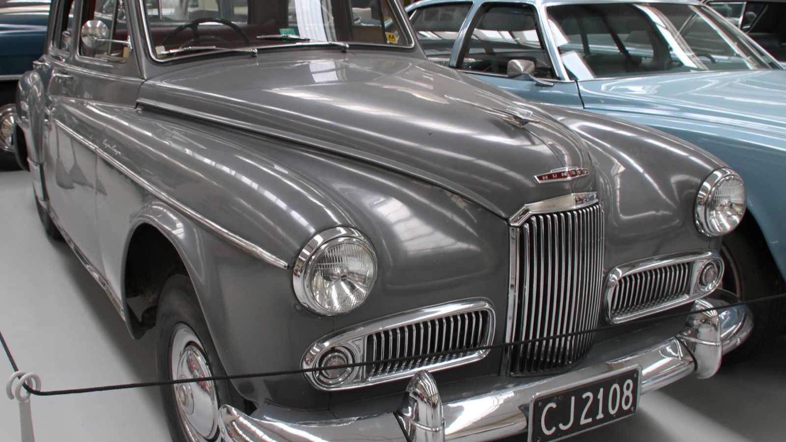 Grey 1955 Humber Super Snipe Mark IV saloon on museum display, front three-quarter view