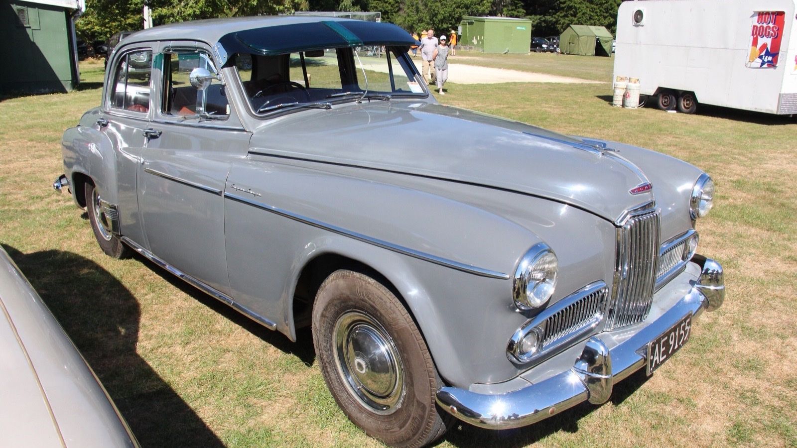 Grey 1957 Humber Super Snipe Mk IV saloon at an outdoor show, front three-quarter view