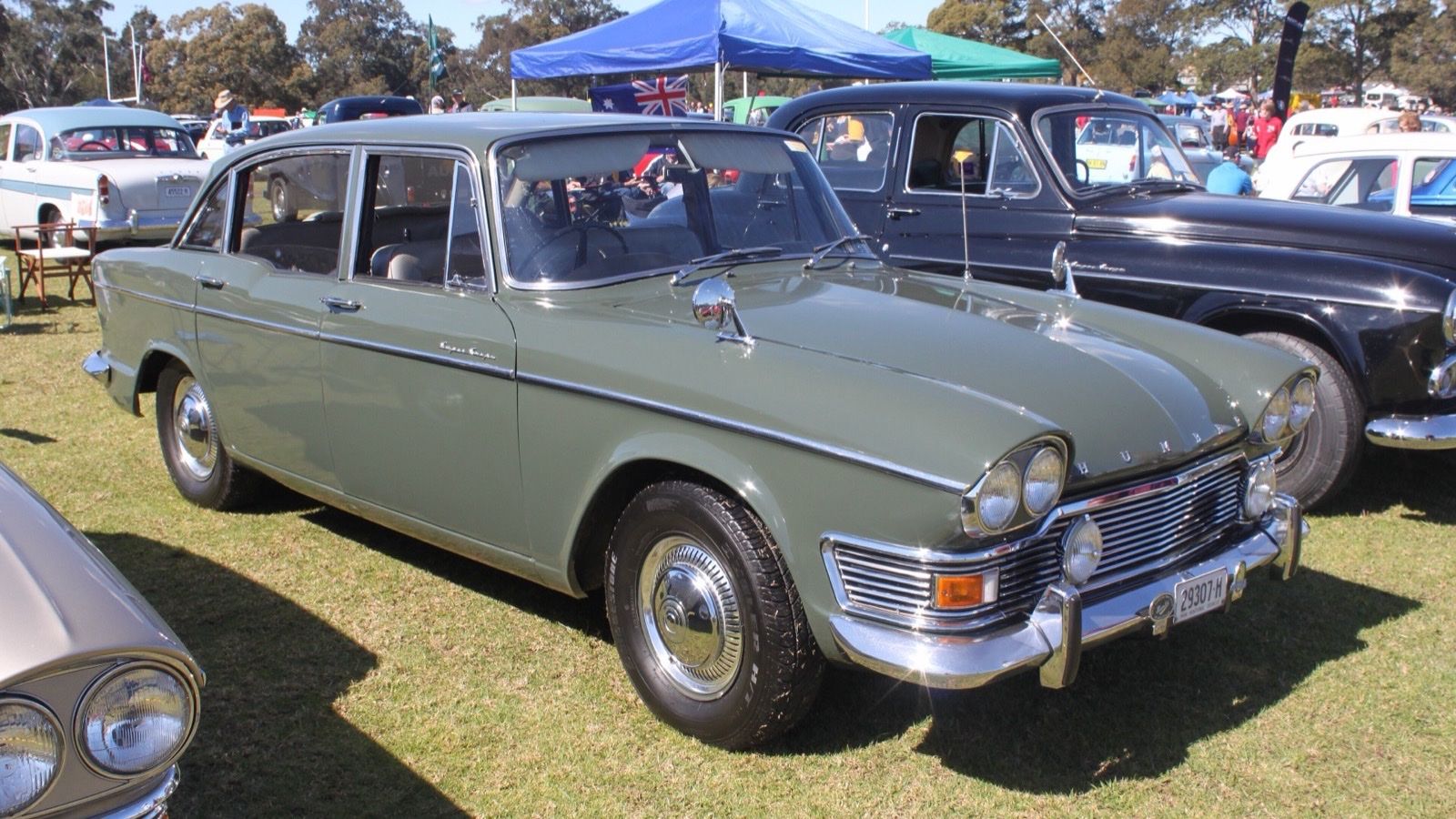 Sage green 1967 Humber Super Snipe Series V saloon on grass, front three-quarter view