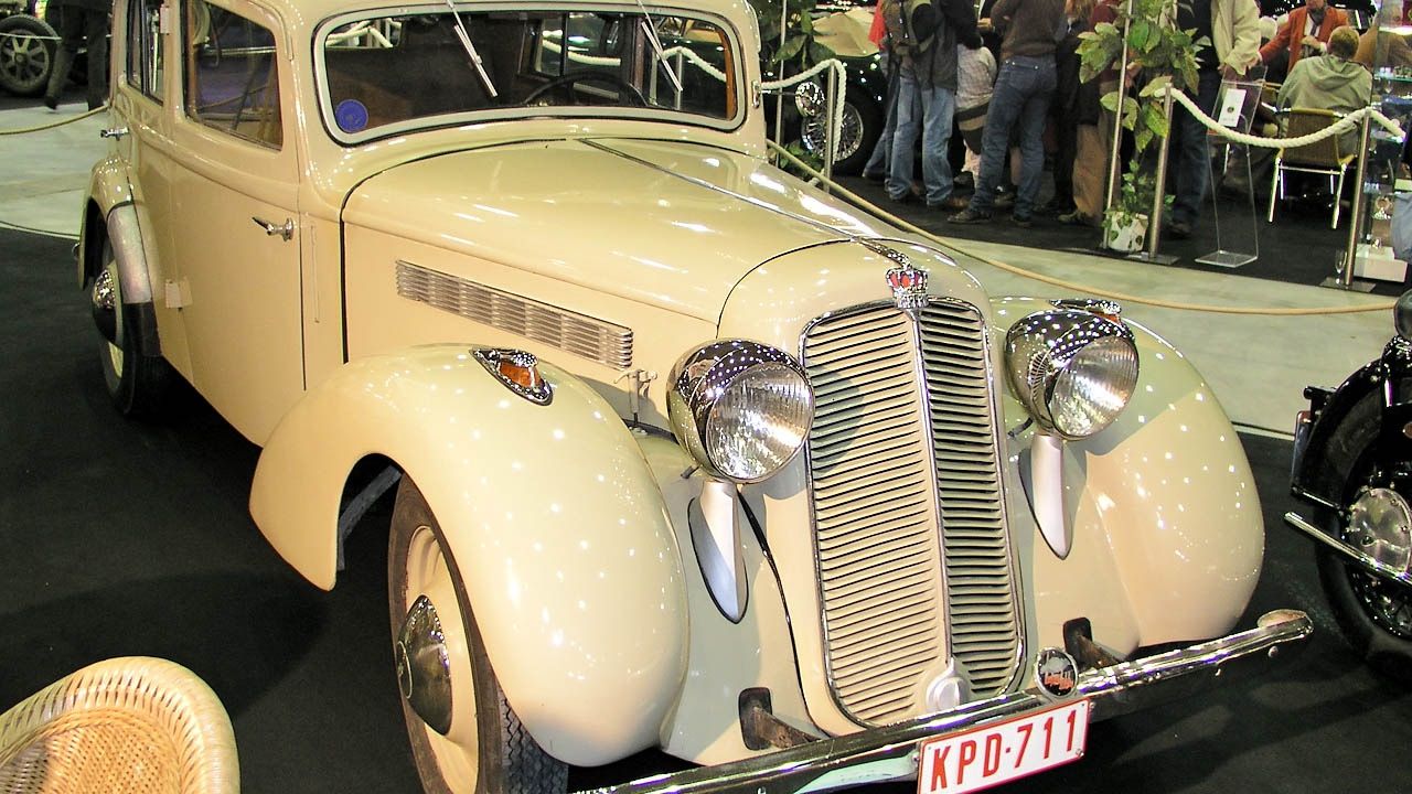 1937 Imperia TA-9 Diane berline on museum display, front three-quarter view showing the inclined grille