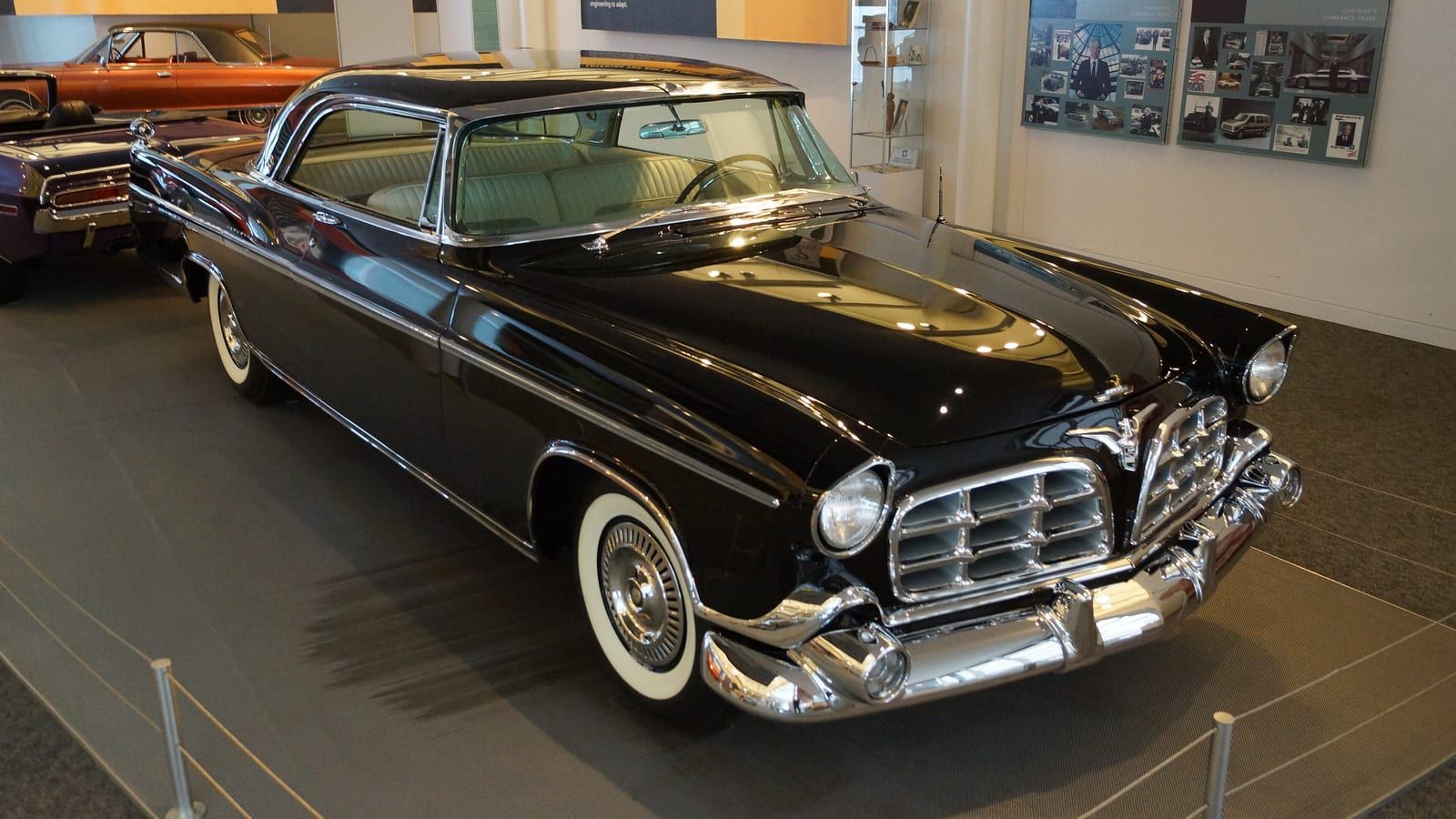Black 1956 Imperial Southampton two-door hardtop, front three-quarter view.
