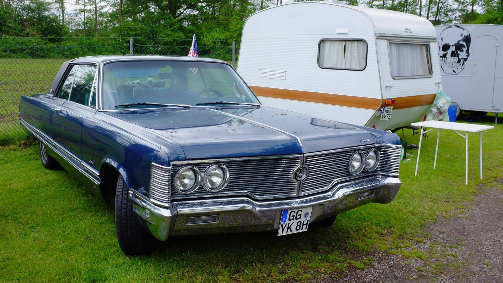 Dark blue 1968 Imperial Crown Coupe, front three-quarter view.