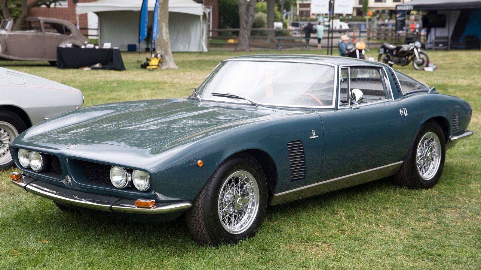 Blue-grey Iso Grifo GL 350 fastback coupe with wire wheels, front three-quarter view