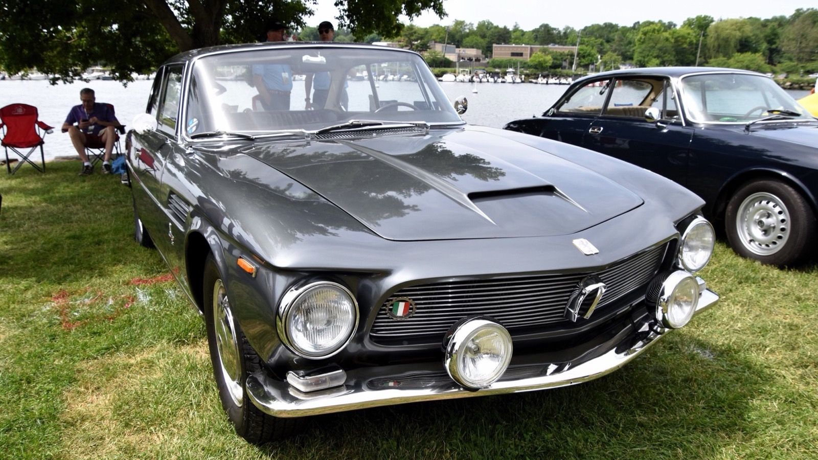 Grey 1964 Iso Rivolta IR 300 coupe with quad headlamps, front three-quarter view