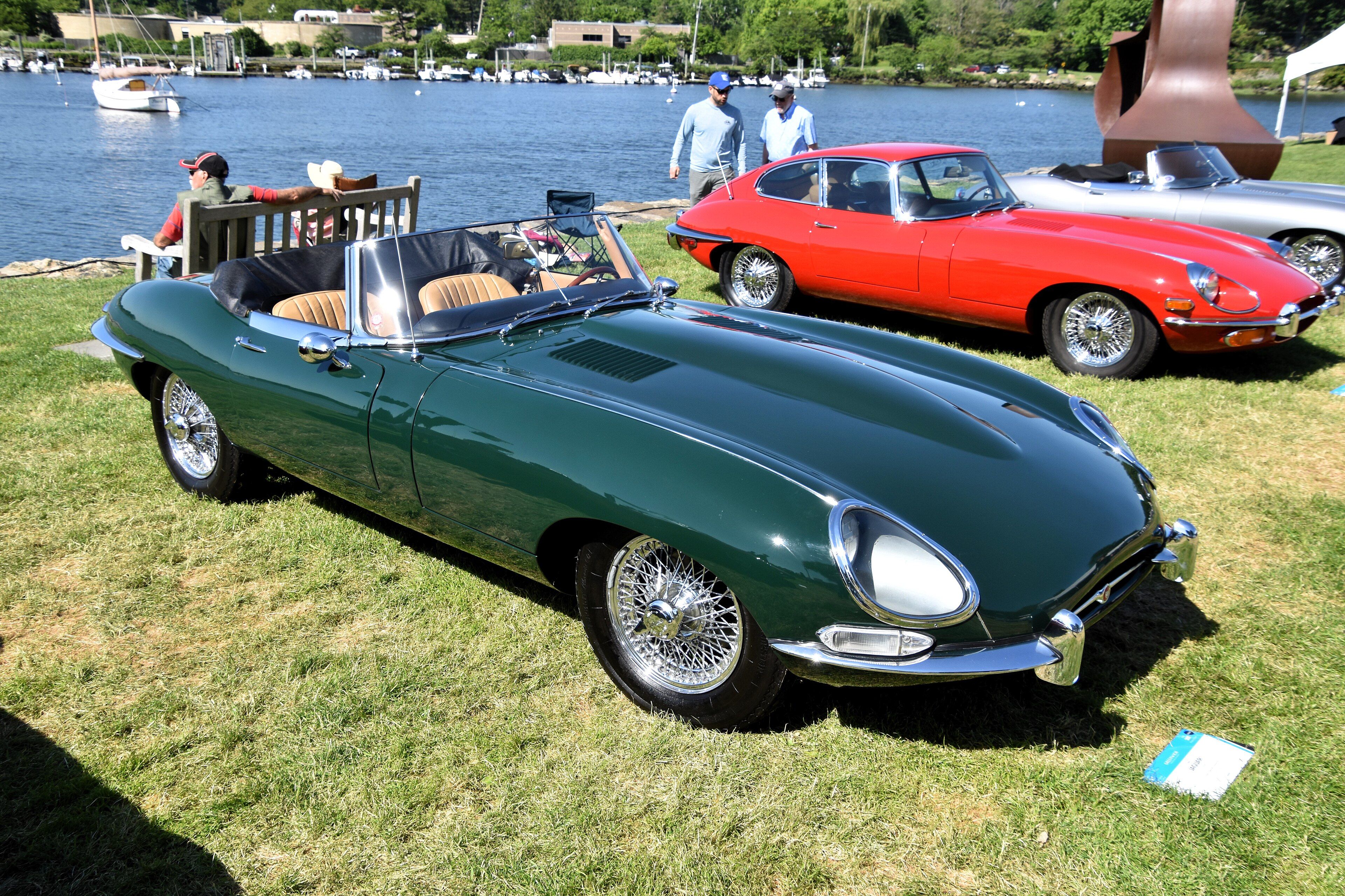 Dark green 1966 Jaguar E-Type 4.2 Series 1 roadster on grass at a waterside car show, front three-quarter view