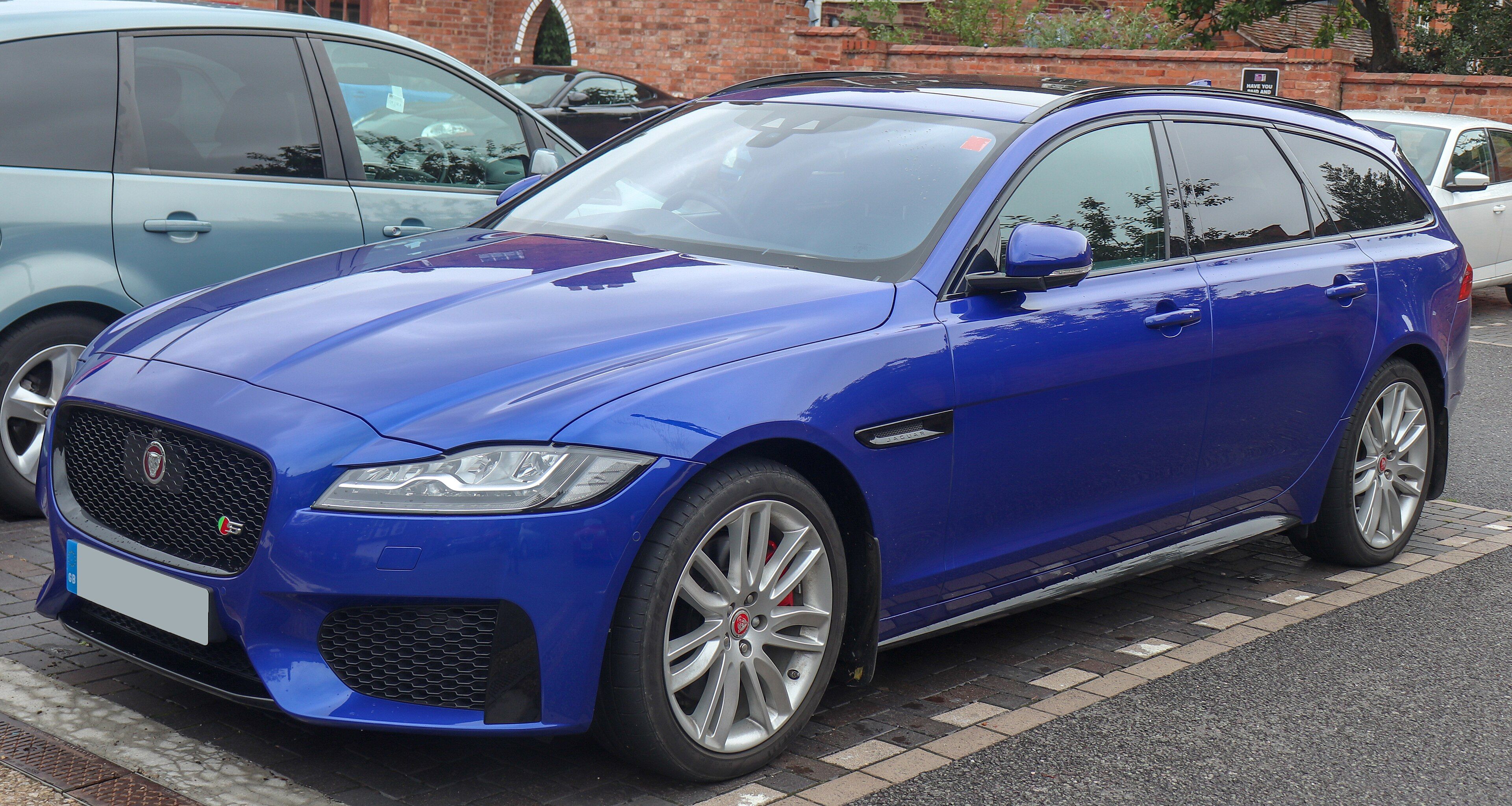 Blue 2017 Jaguar XF S 3.0 X260 Sportbrake parked at a kerb, front three-quarter view