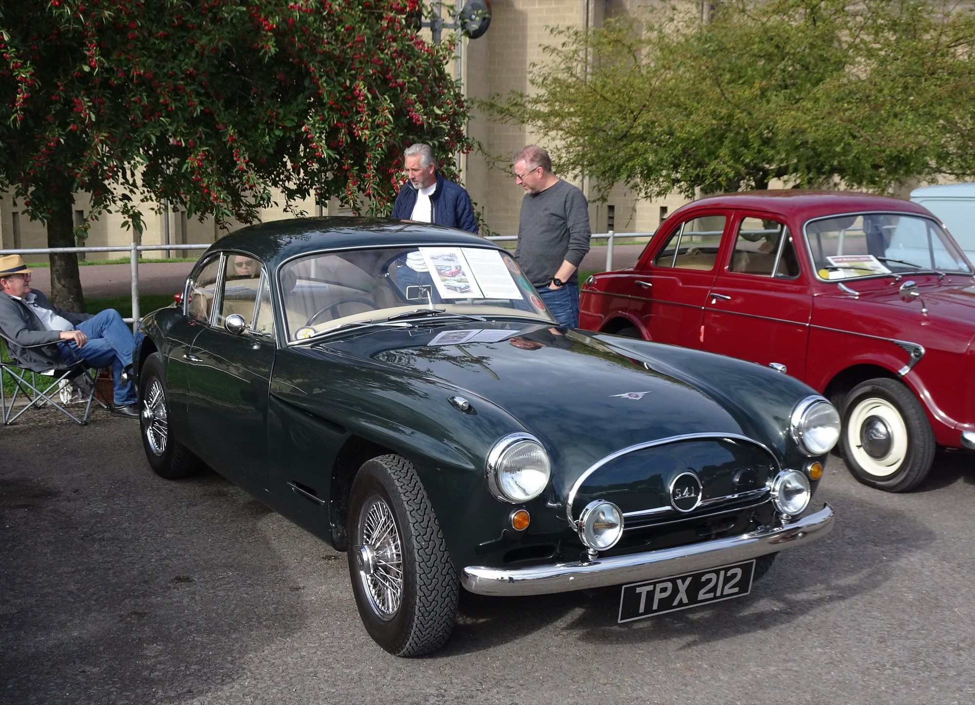 Dark green 1955 Jensen 541 coupé with wire wheels, front three-quarter view