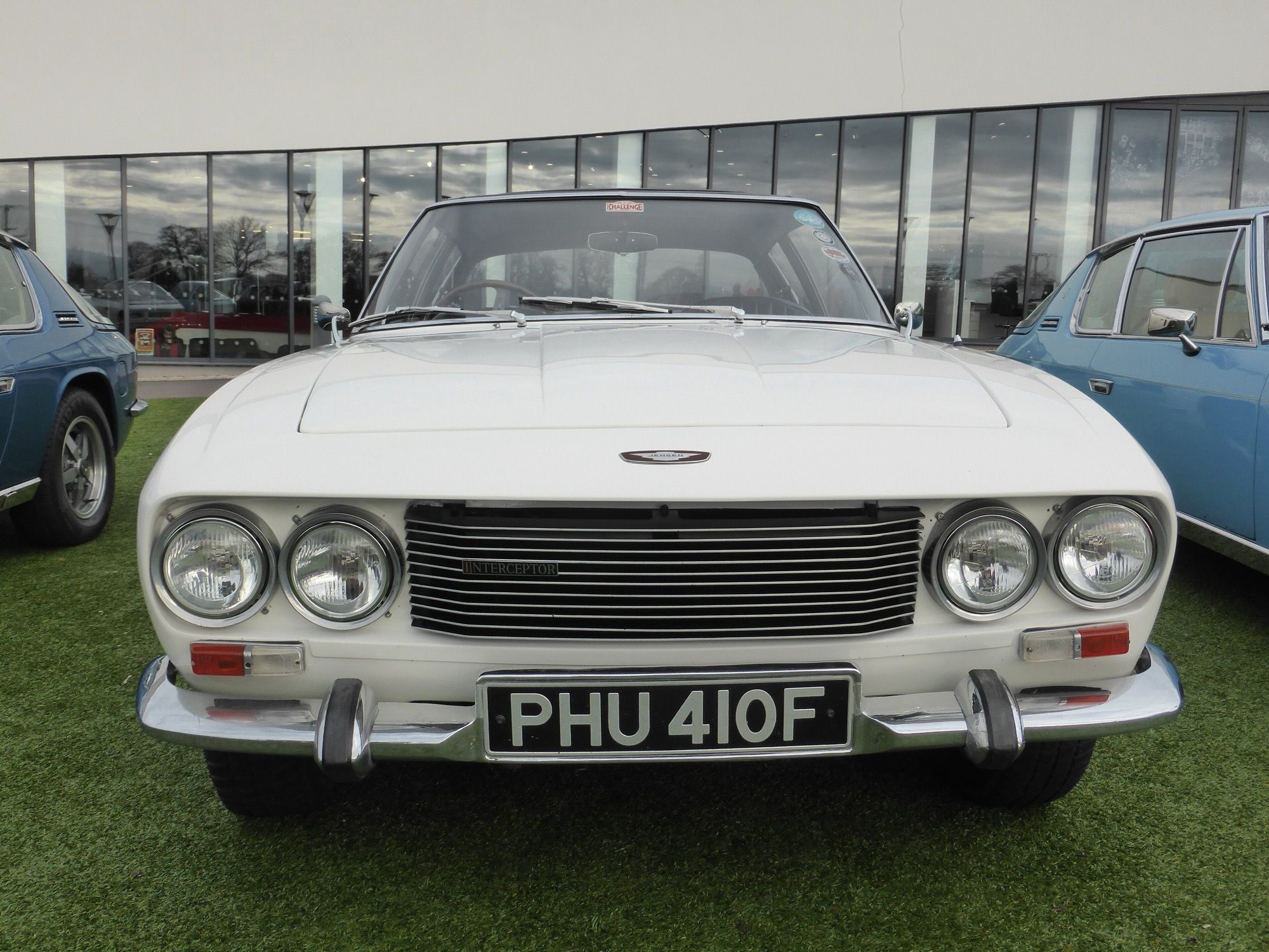 White 1967 Jensen Interceptor Series I, front view showing the quad-headlight grille