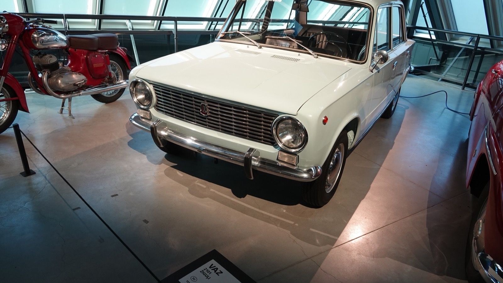 White 1974 VAZ-2101 Zhiguli on display at the Riga Motor Museum, front three-quarter view