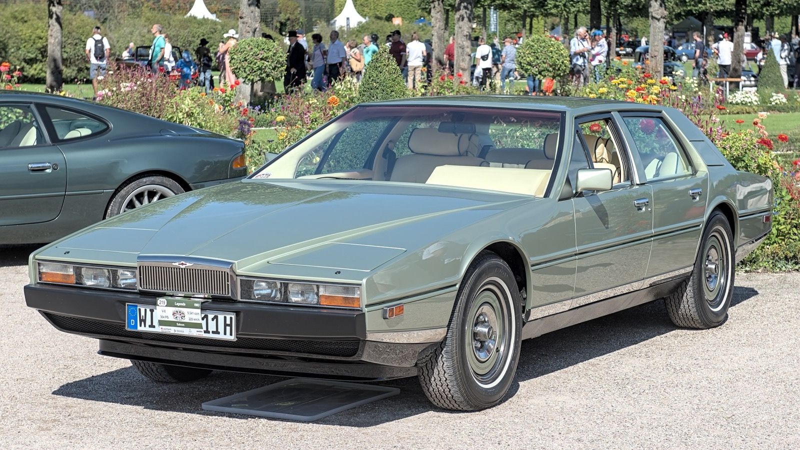 Pale green Aston Martin Lagonda William Towns wedge saloon, front three-quarter view