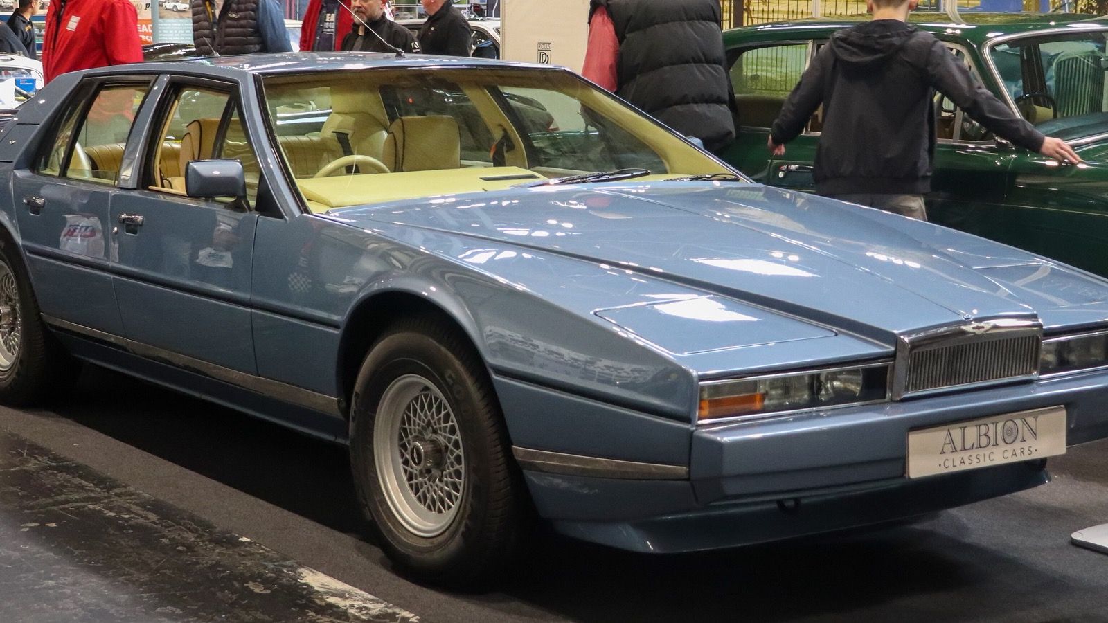 Light blue Aston Martin Lagonda Series 3 saloon, front three-quarter view