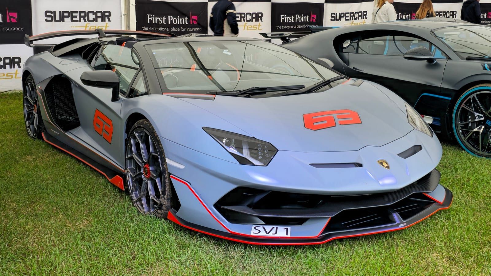 Silver 2021 Lamborghini Aventador SVJ 63 Edition Roadster, front three-quarter view