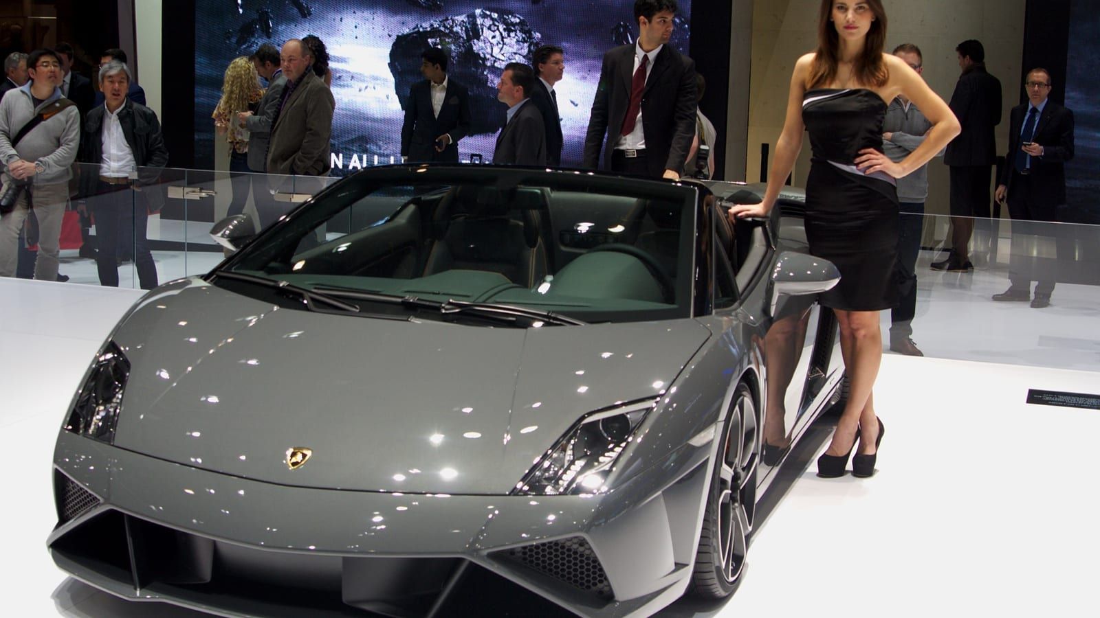 Grey 2013 Lamborghini Gallardo Spyder at the Geneva Motor Show, front three-quarter view