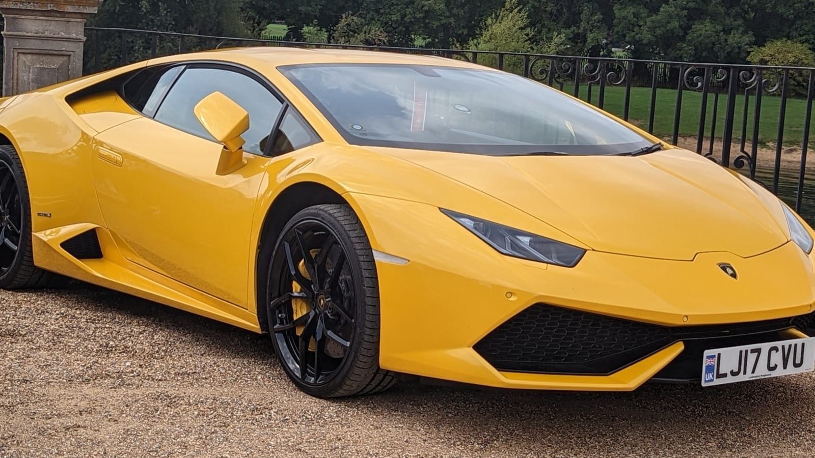 Yellow 2017 Lamborghini Huracan, side profile view