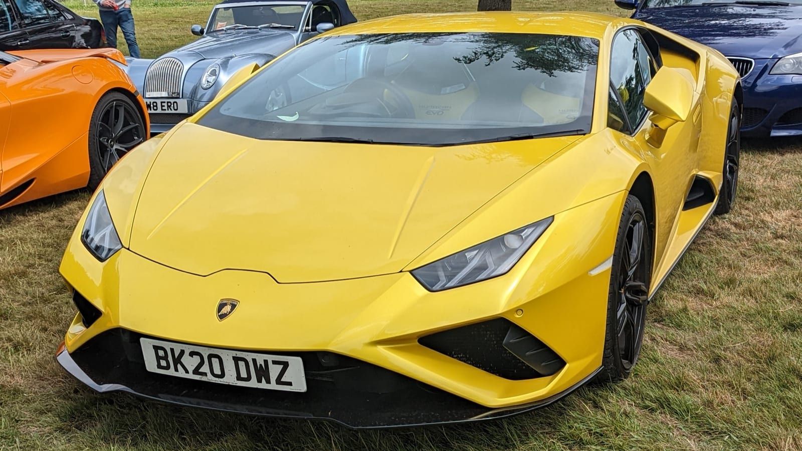 Yellow 2020 Lamborghini Huracan EVO, front three-quarter view