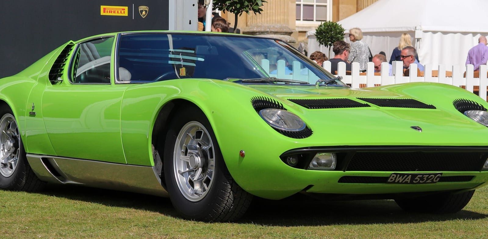 Green 1968 Lamborghini Miura P400, front three-quarter view