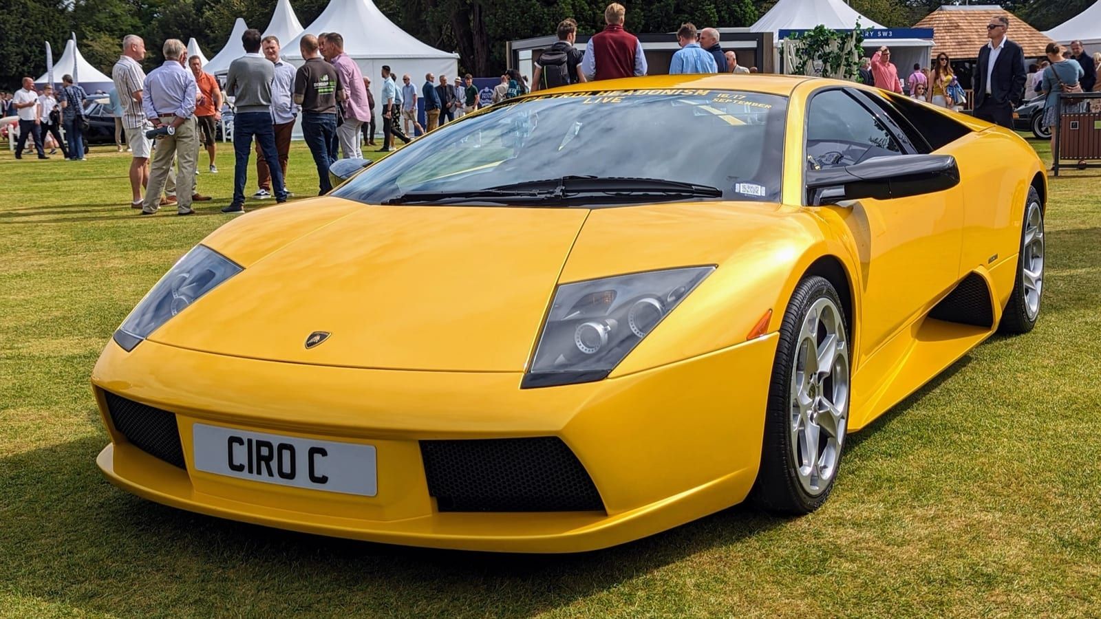 Yellow 2005 Lamborghini Murcielago coupe, front three-quarter view