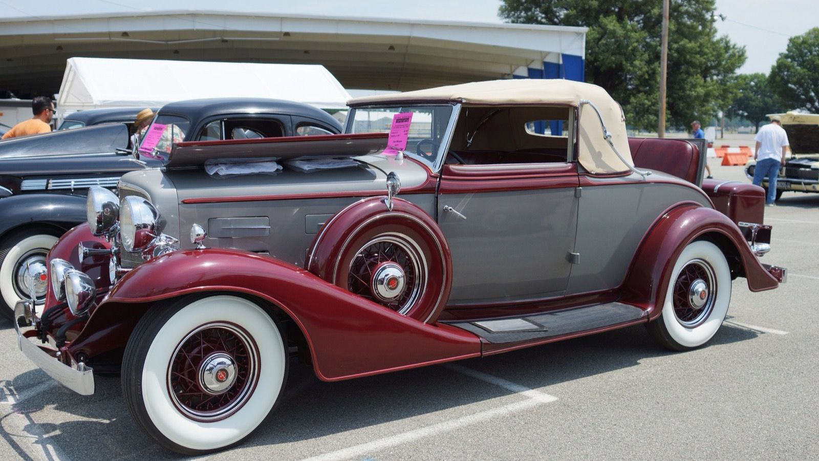 1933 LaSalle Series 345-C convertible coupe in maroon and grey, front three-quarter view