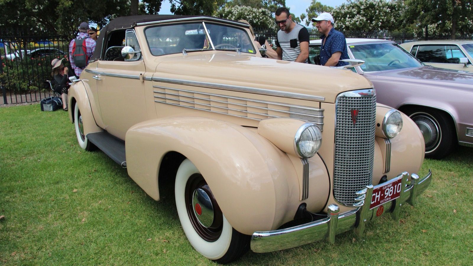 1938 LaSalle Series 38-50 convertible coupe in beige, front three-quarter view