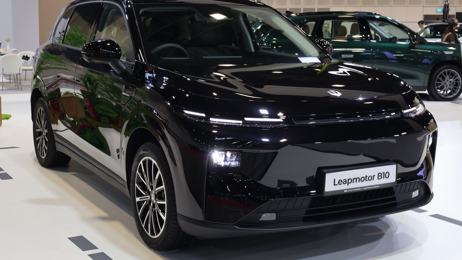 Black 2026 Leapmotor B10 compact SUV on a Singapore motor show stand, front three-quarter view