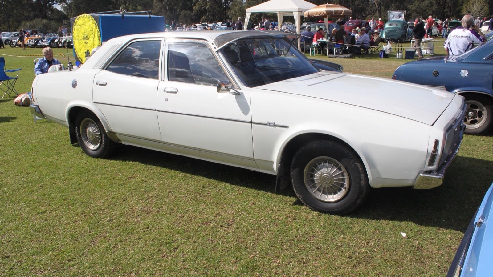 White 1973 Leyland P76 Deluxe sedan on grass, side profile