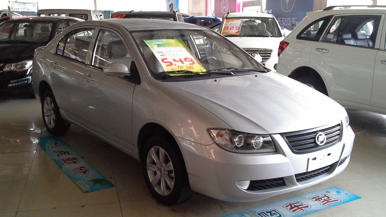 Silver Lifan 620 Solano sedan in a Chinese showroom, front three-quarter view