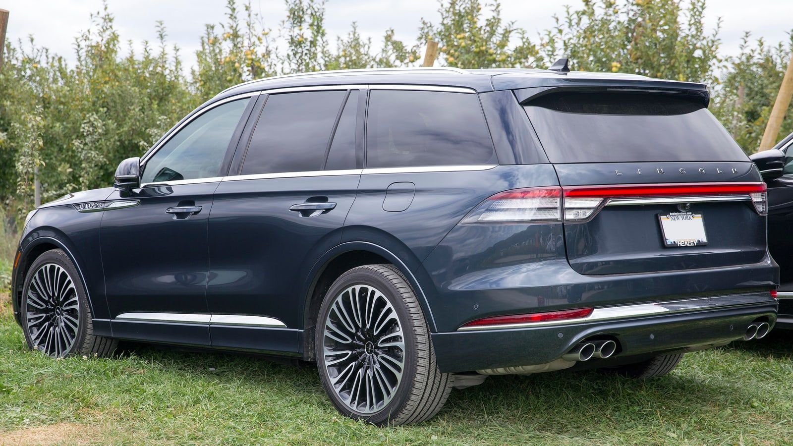 Dark blue Lincoln Aviator Black Label, rear three-quarter view on grass