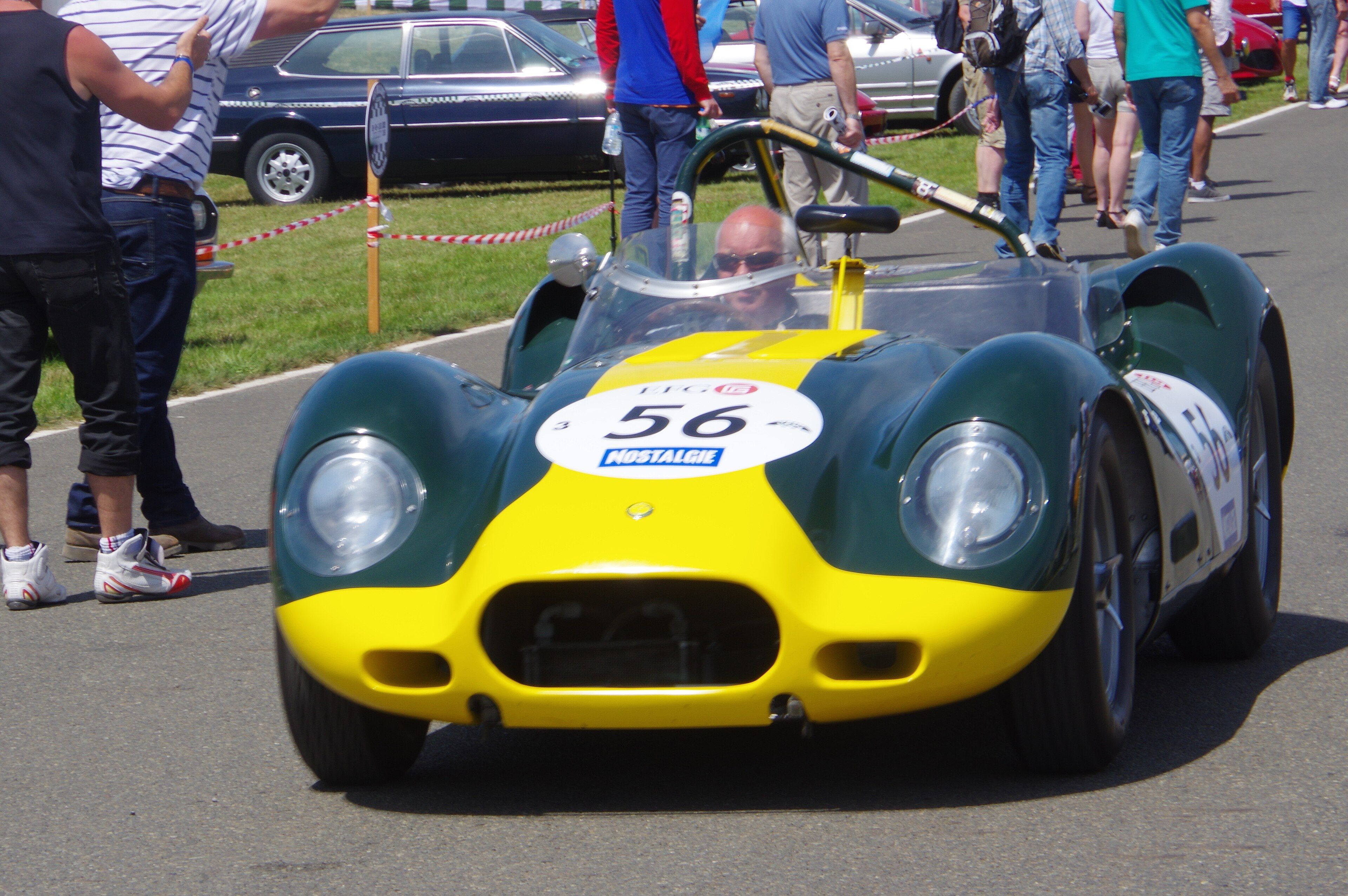 Green and yellow 1958 Lister Jaguar Knobbly, front view