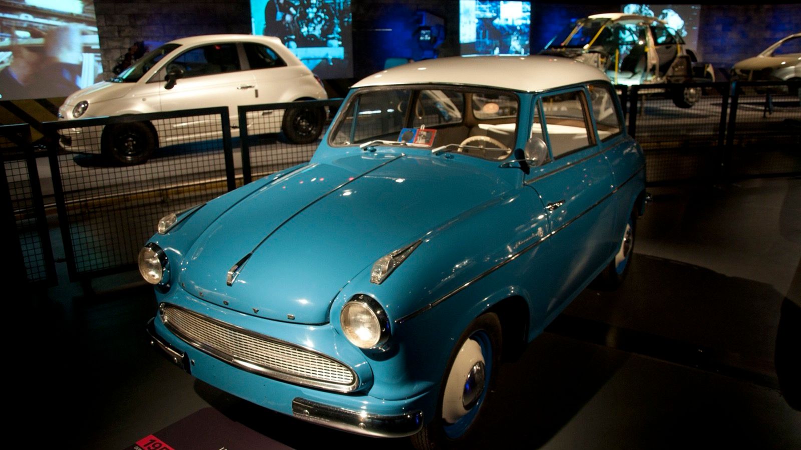 Light blue 1958 Lloyd Alexander TS on display at the Museo Nazionale dell'Automobile in Turin, front three-quarter view