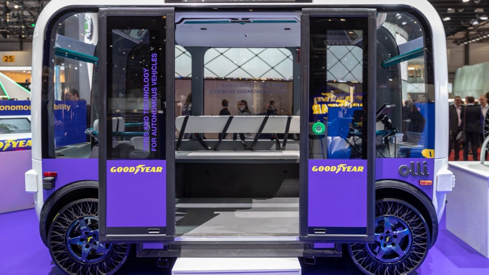 Local Motors Olli 2.0 shuttle on the Goodyear stand at the 2019 Geneva show, side profile