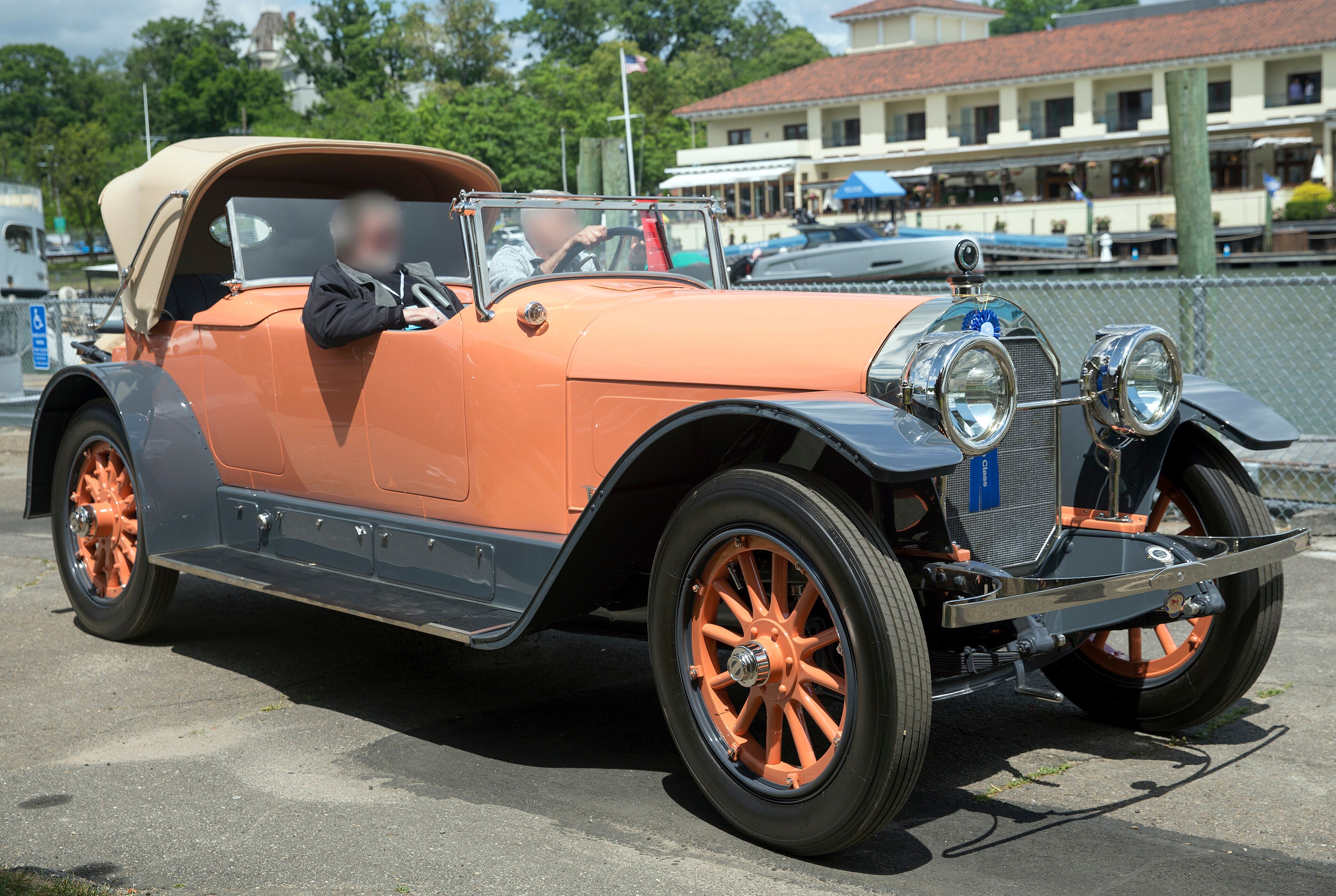 Orange 1917 Locomobile Model 48 Type M Dual Cowl Sportif, front three-quarter view