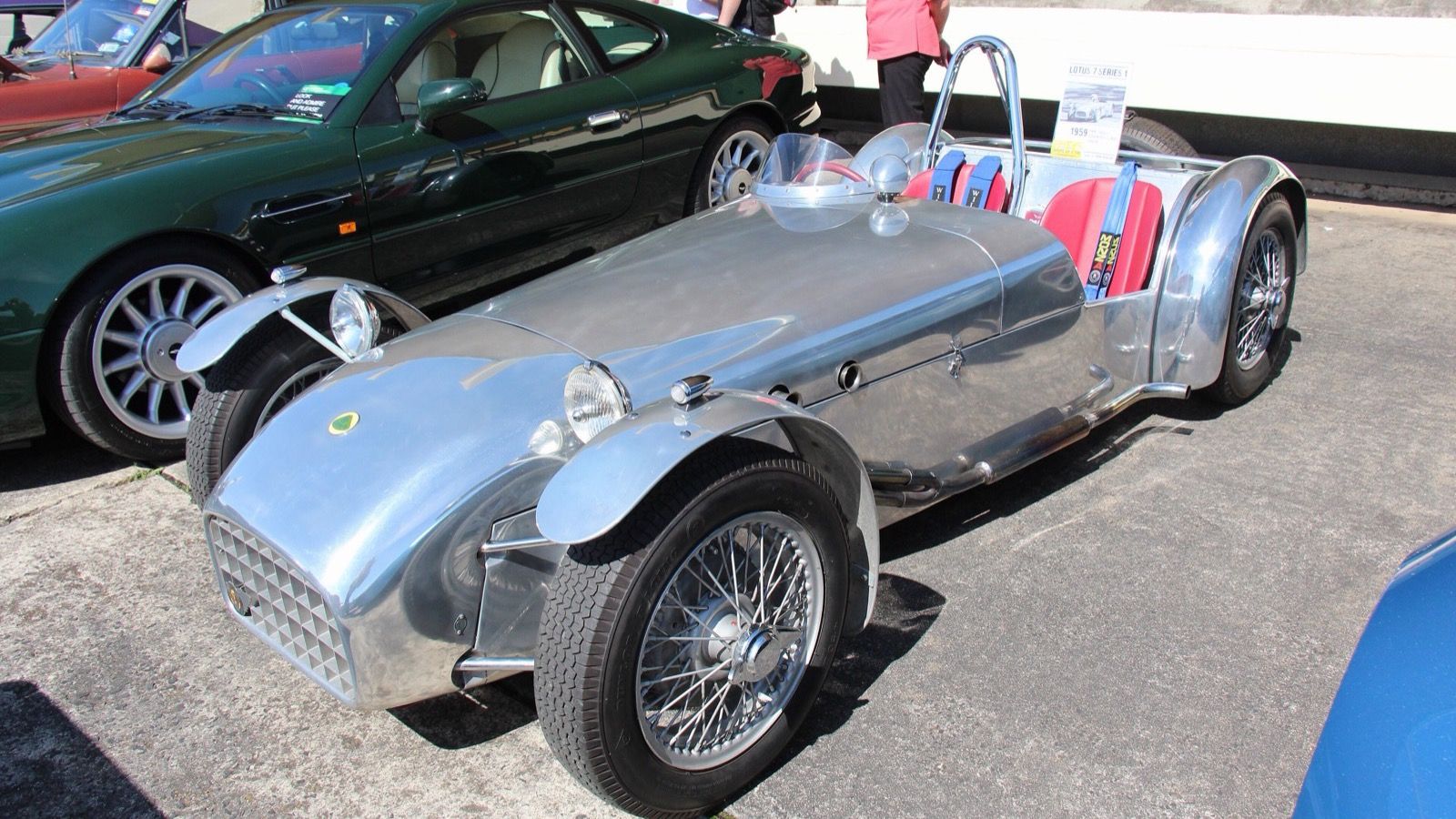 Silver 1958 Lotus Super Seven Series I, front three-quarter view.