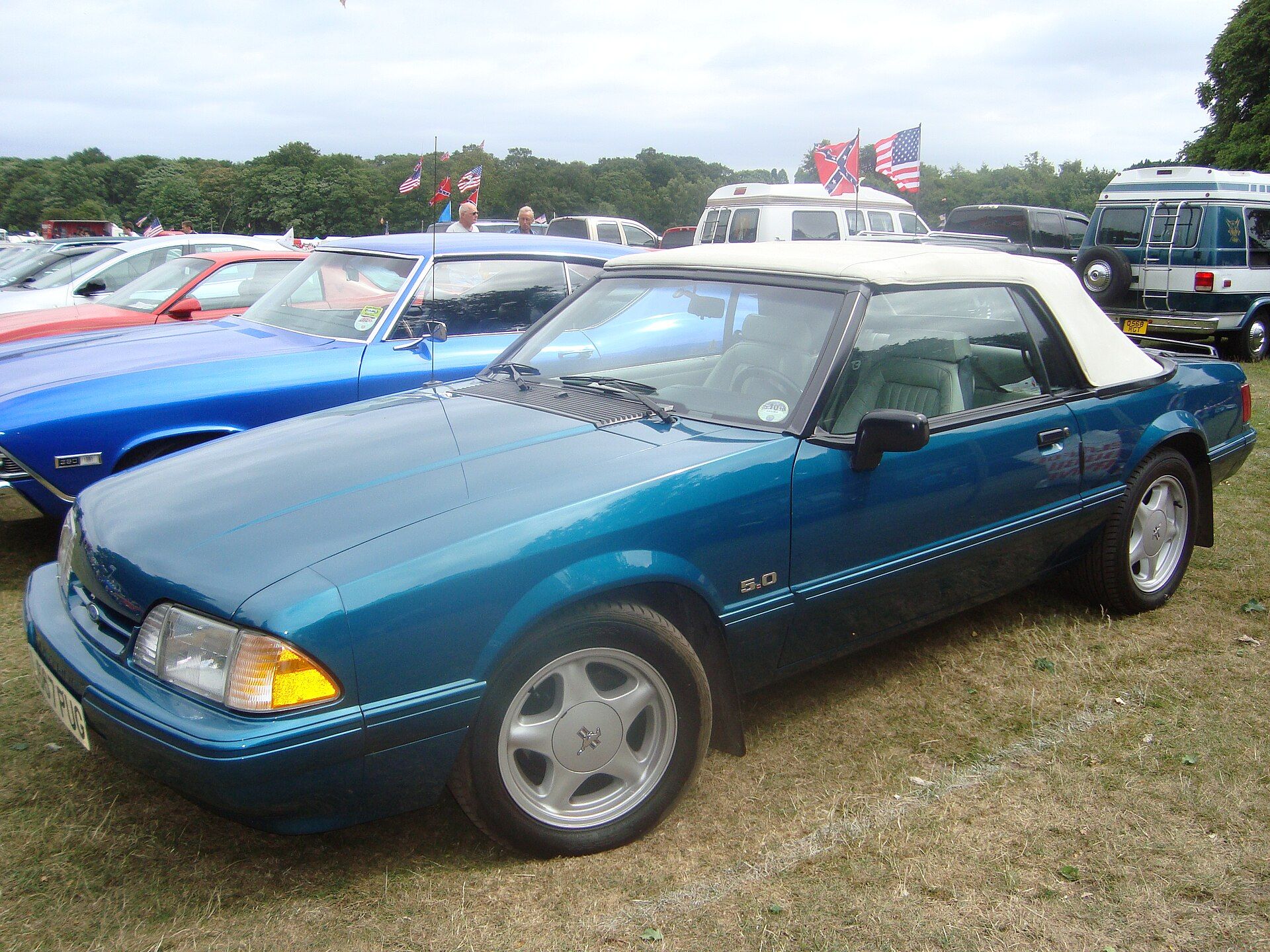 Teal 1993 Ford Mustang LX 5.0 convertible photographed from the front left