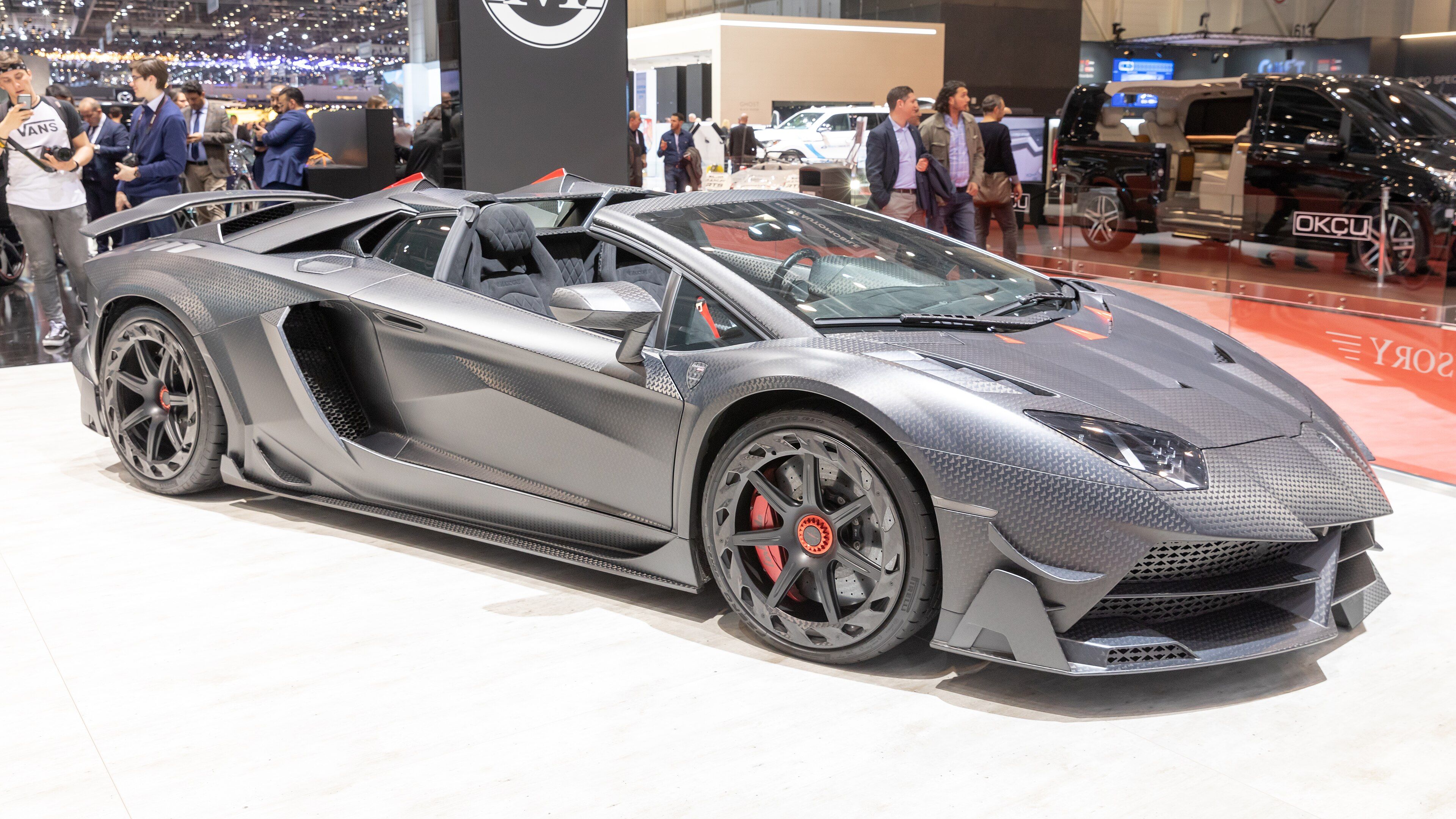 Grey carbon-fibre Mansory Carbonado EVO roadster on the Lamborghini Aventador, front three-quarter view