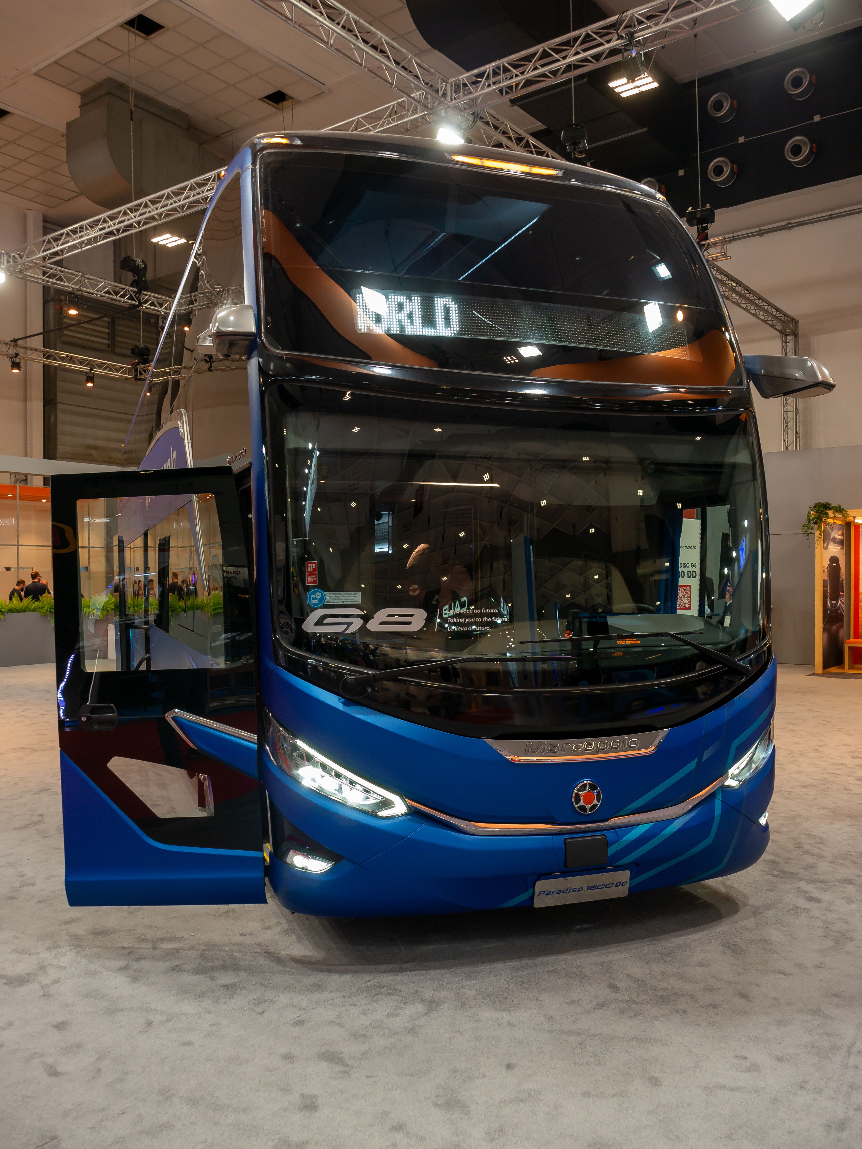 Marcopolo Paradiso 1800 DD G8 double-decker coach, front view, in blue livery