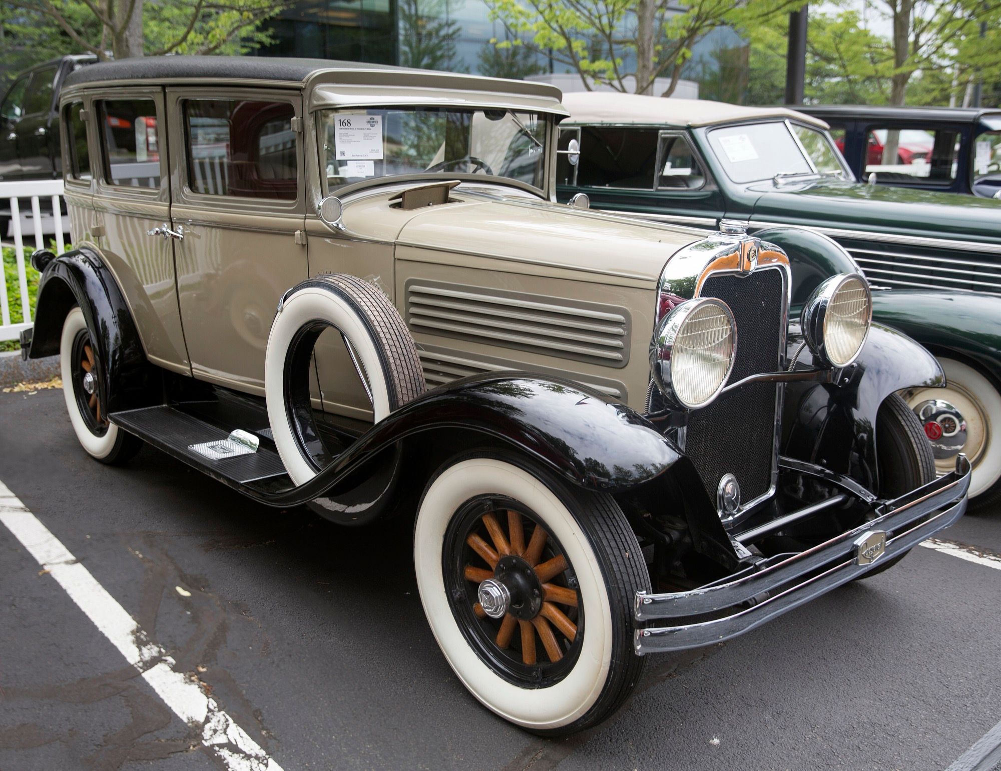 Tan 1929 Roosevelt Model 68 four-door sedan, front three-quarter view