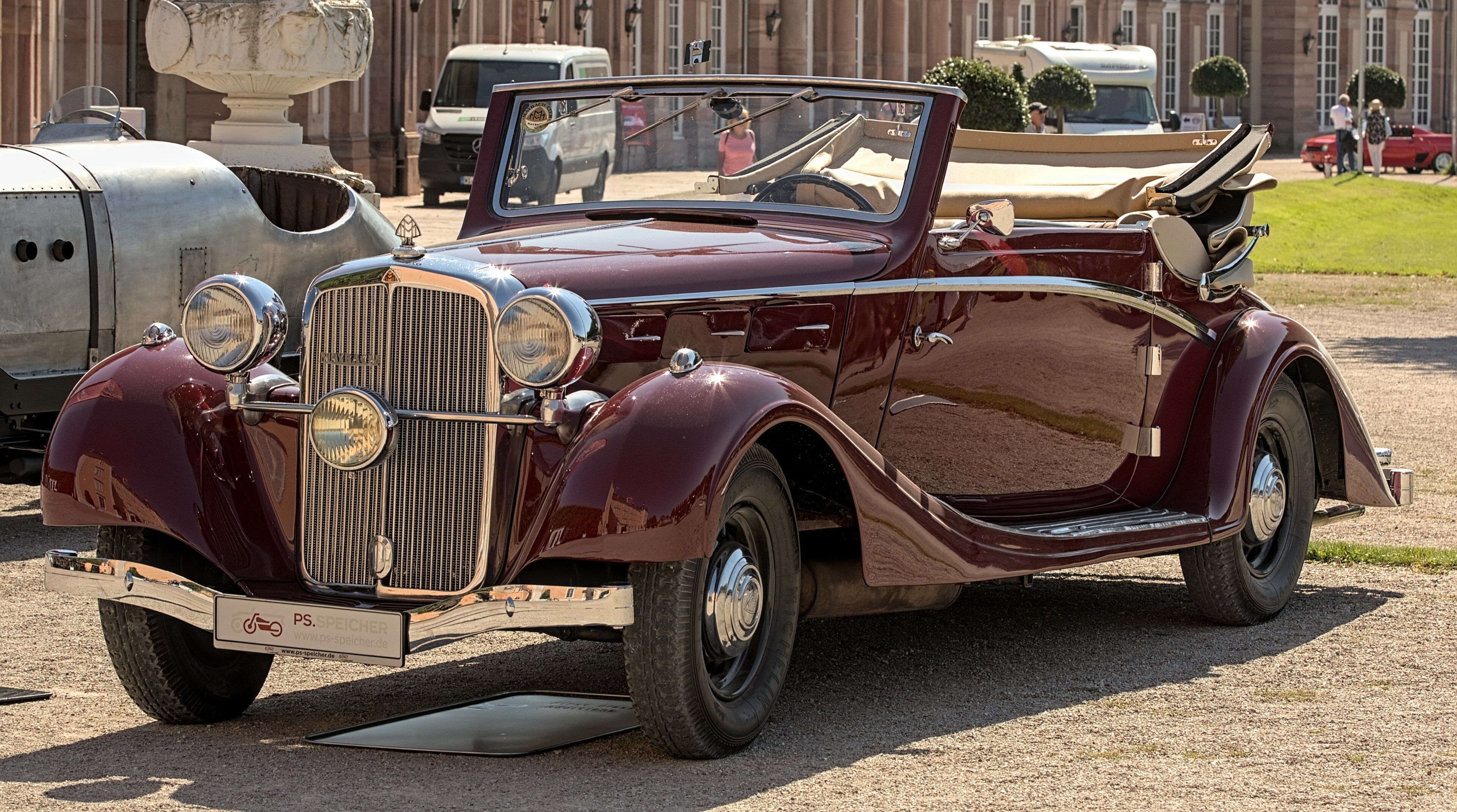 Burgundy 1936 Maybach SW38 Spohn cabriolet, front three-quarter view