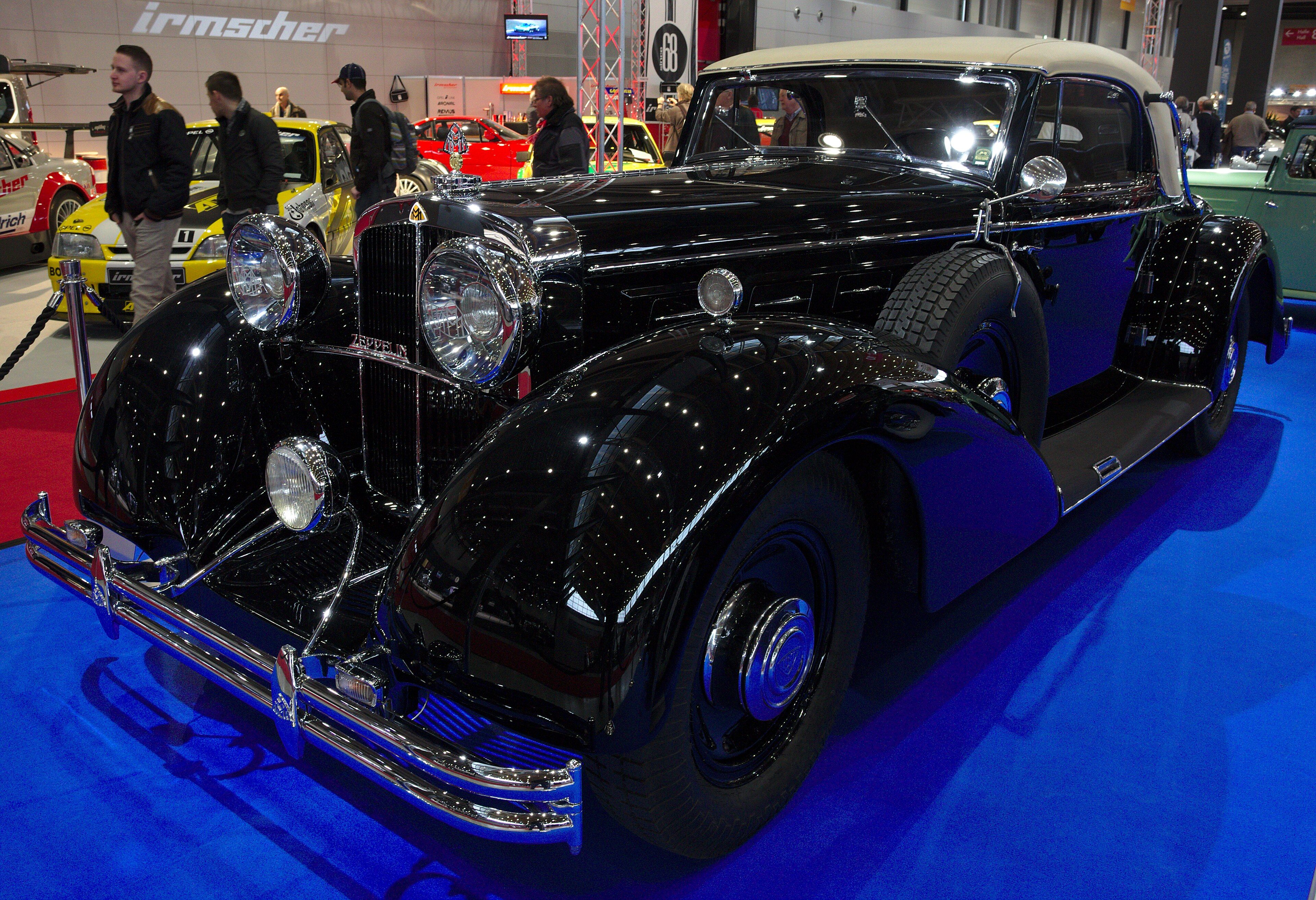 Black 1936 Maybach DS8 Zeppelin cabriolet, front three-quarter view