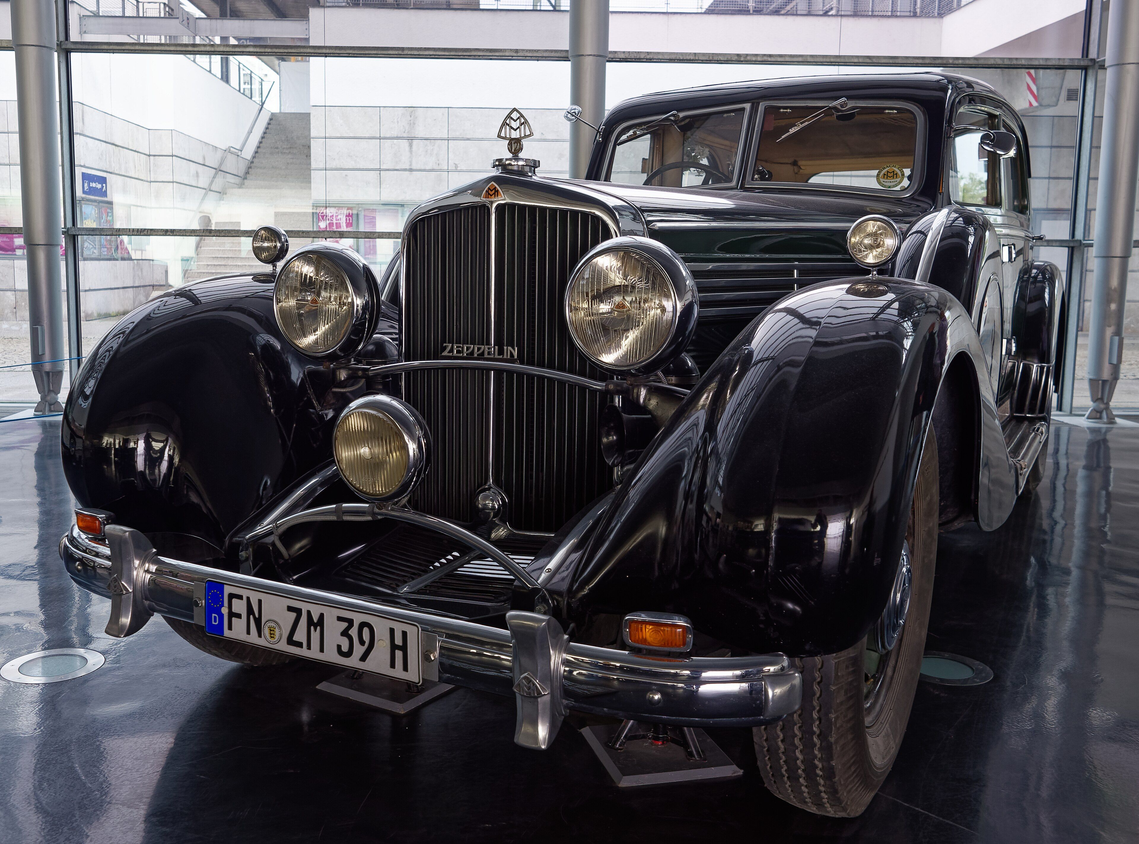 Black 1938 Maybach Zeppelin DS8 saloon at the Zeppelin Museum Friedrichshafen, front three-quarter view